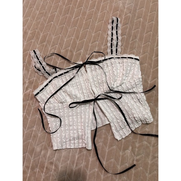 The Unbranded Brand Tops - Y2K White Pointelle Ruffle Coquette Top Sz M Satin Bow Lace Trim Cami Fairy